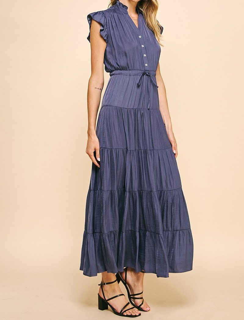 DUSTY NAVY SATIN TIERED MAXI DRESS