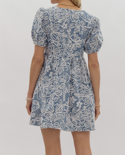 DENIM FLORAL EMBROIDERED SQUARE NECK MINI DRESS