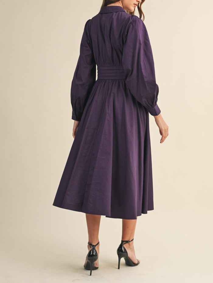 EGGPLANT TIE FRONT PINTUCK WAIST BUTTON DOWN MIDI DRESS