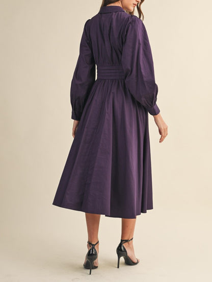 EGGPLANT TIE FRONT PINTUCK WAIST BUTTON DOWN MIDI DRESS