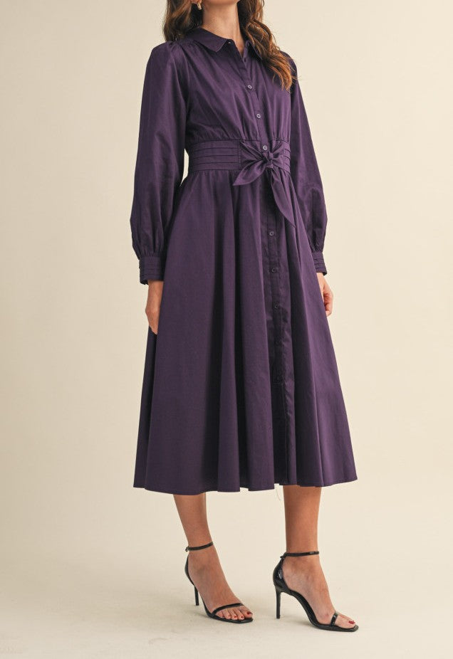 EGGPLANT TIE FRONT PINTUCK WAIST BUTTON DOWN MIDI DRESS