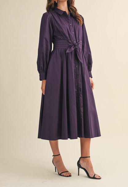 EGGPLANT TIE FRONT PINTUCK WAIST BUTTON DOWN MIDI DRESS