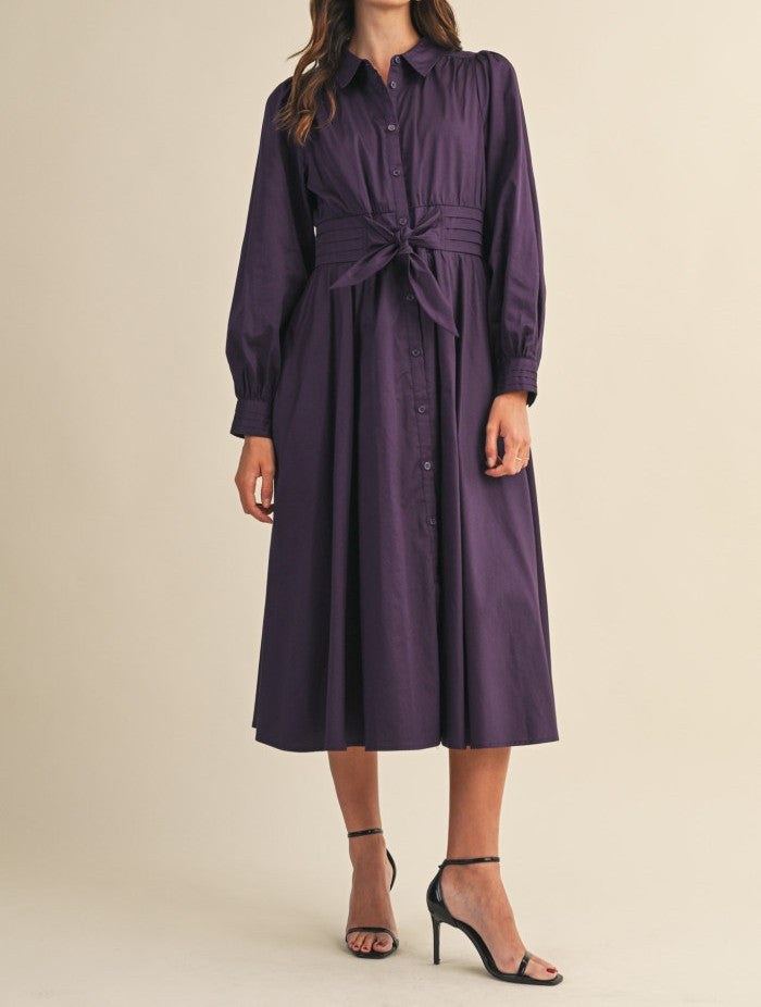 EGGPLANT TIE FRONT PINTUCK WAIST BUTTON DOWN MIDI DRESS