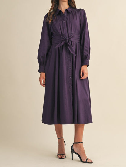 EGGPLANT TIE FRONT PINTUCK WAIST BUTTON DOWN MIDI DRESS