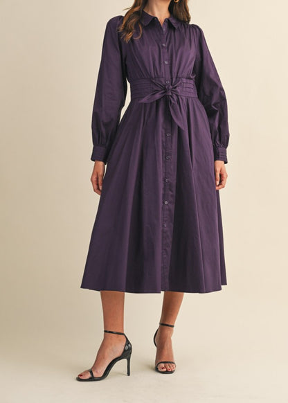 EGGPLANT TIE FRONT PINTUCK WAIST BUTTON DOWN MIDI DRESS