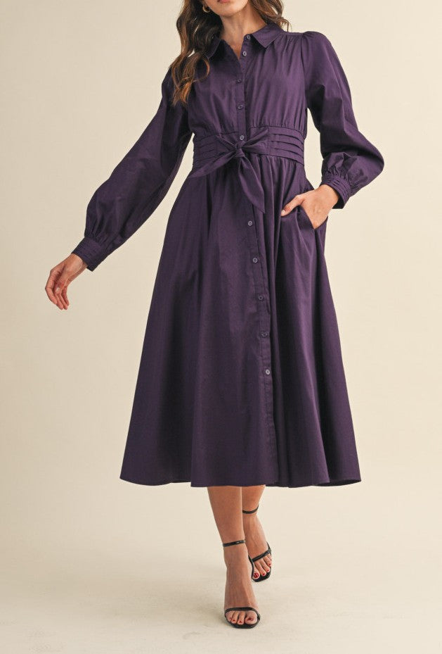 EGGPLANT TIE FRONT PINTUCK WAIST BUTTON DOWN MIDI DRESS