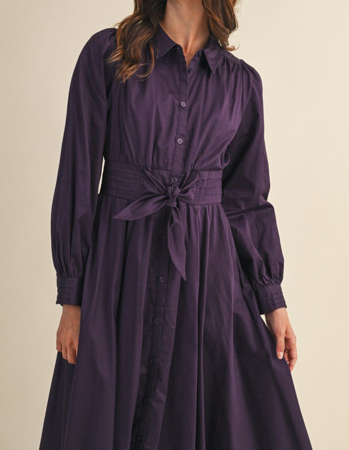 EGGPLANT TIE FRONT PINTUCK WAIST BUTTON DOWN MIDI DRESS