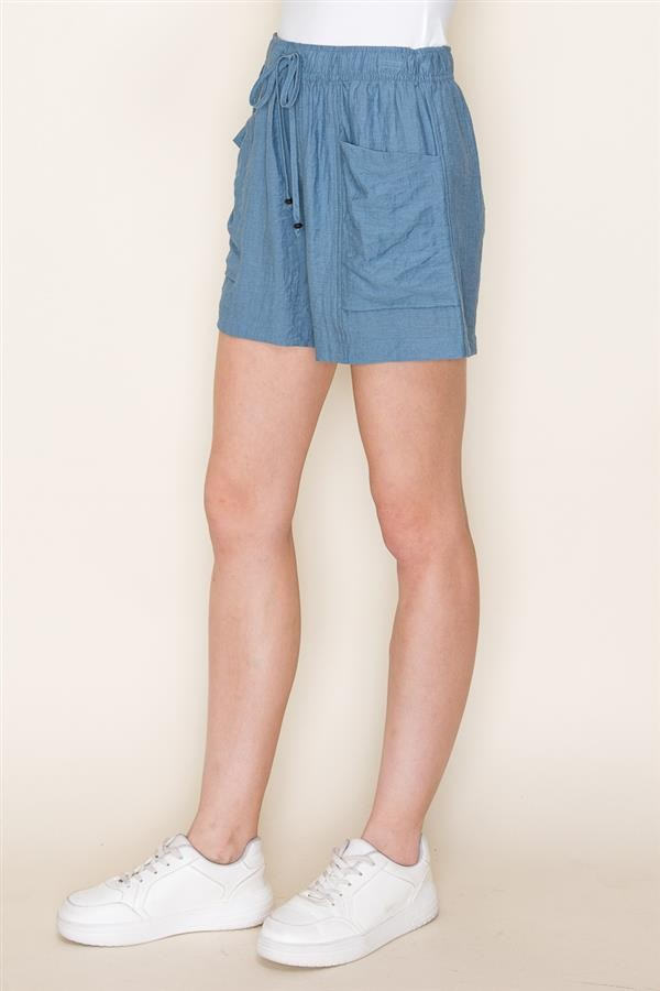 DUSTY BLUE CRINKLE ELASTIC WAIST SHORTS
