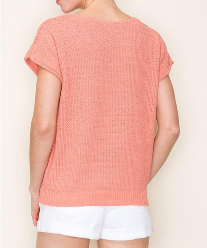 PEACH OPEN WEAVED WIDE NECK PULLOVER SWEATER