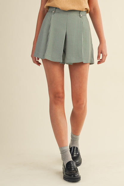 HUNTER GREEN HOUNDSTOOTH PLEATED HIGH RISE SHORTS