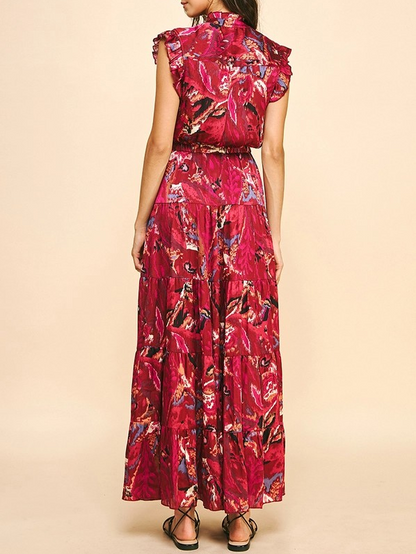 DEEP PINK PRINTED TIERED SATIN MAXI DRESS