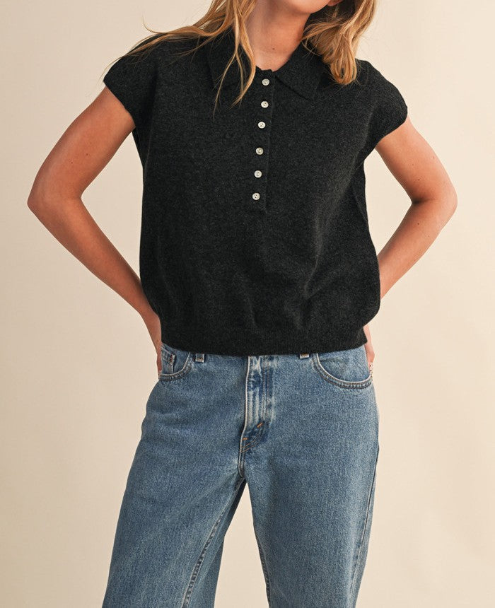 BLACK CAP SLEEVE COLLARED SWEATER VEST