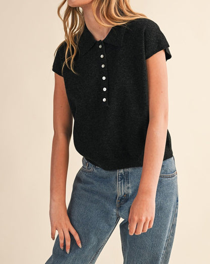 BLACK CAP SLEEVE COLLARED SWEATER VEST