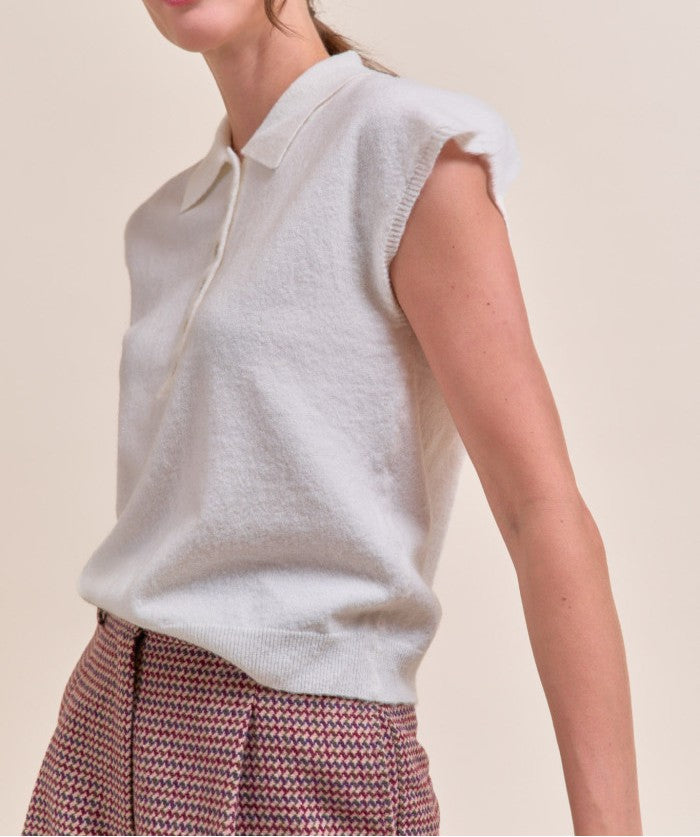 IVORY CAP SLEEVE COLLARED SWEATER VEST