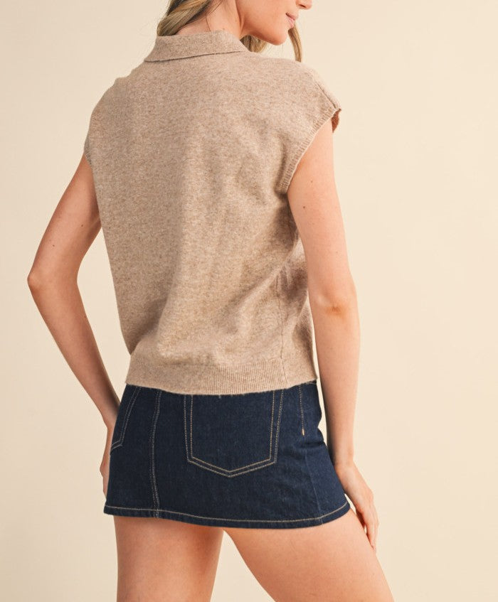 MOCHA CAP SLEEVE COLLARED SWEATER VEST
