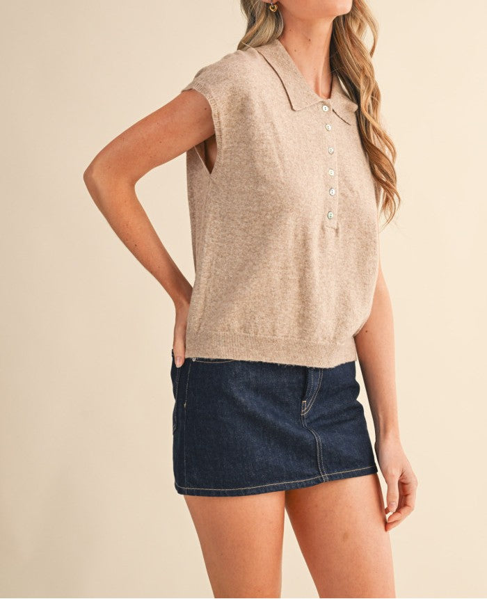 MOCHA CAP SLEEVE COLLARED SWEATER VEST