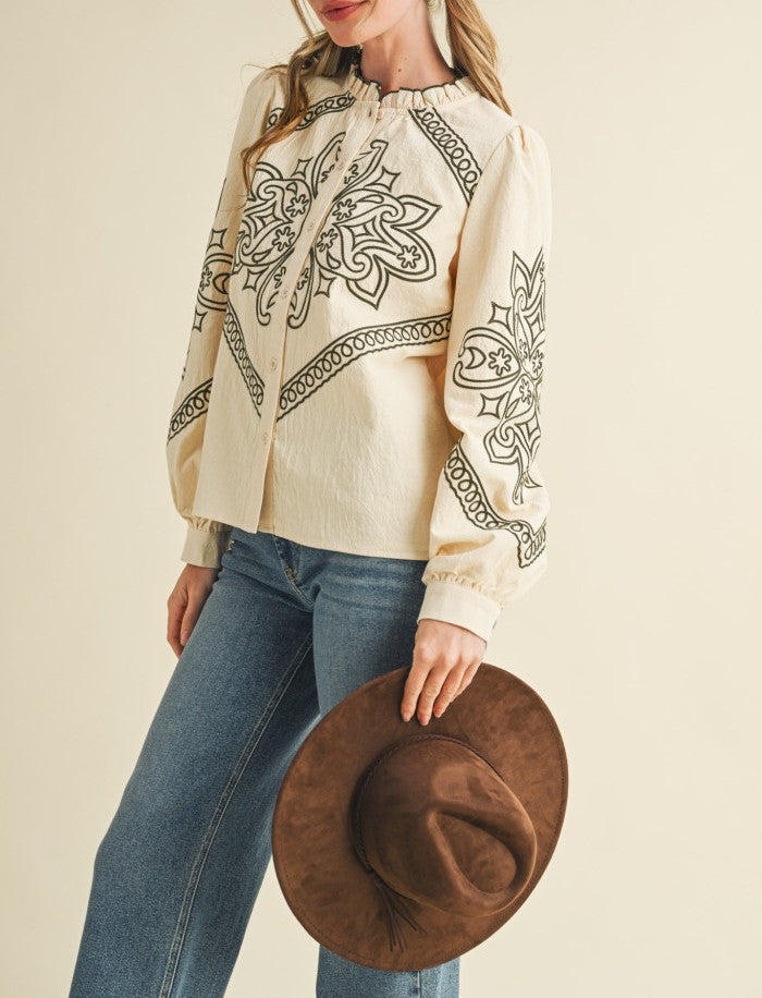 OAT MILK/OLIVE GREEN EMBROIDERED RUFFLED MOCK NECK LONG SLEEVE BUTTON UP TOP