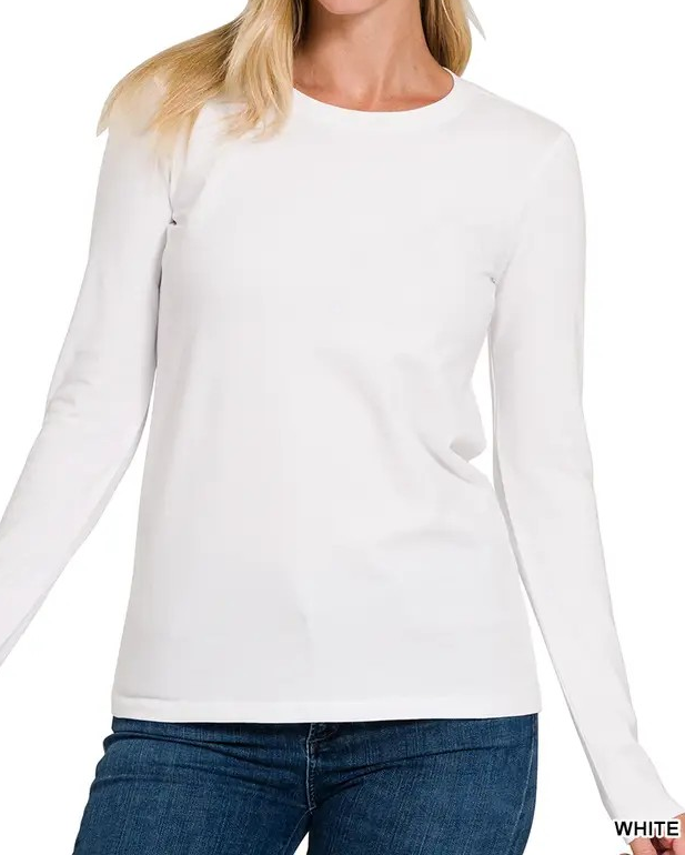 WHITE COTTON CREW NECK LONG SLEEVE TSHIRT