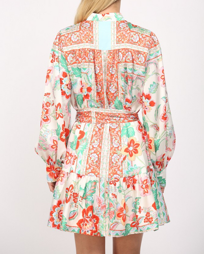 CREAM MULTI SATIN FLORAL PRINT TIE WAIST BUTTON UP MINI DRESS