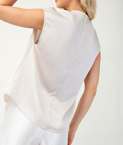 CREAM SATIN DRAPED SHORT SLEEVE BLOUSE
