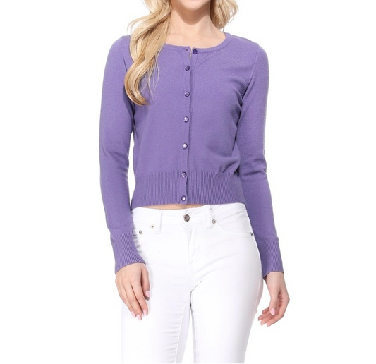 BLUEBERRY LONG SLEEVE CREWNECK CROPPED CARDIGAN SWEATER