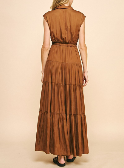 CAMEL SLEEVELESS TIERED MAXI DRESS