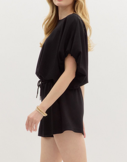 BLACK BUBBLE HEM PULLOVER SHORT SET