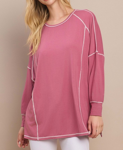 MAUVE RAYON CONTRAST STITCH OVERSIZED LONG SLEEVE TOP