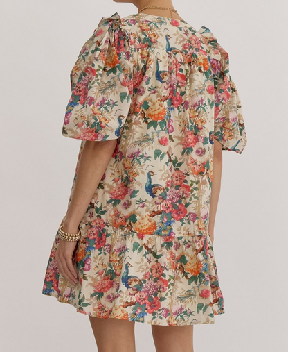 NATURAL FLORAL PRINT MINI DRESS