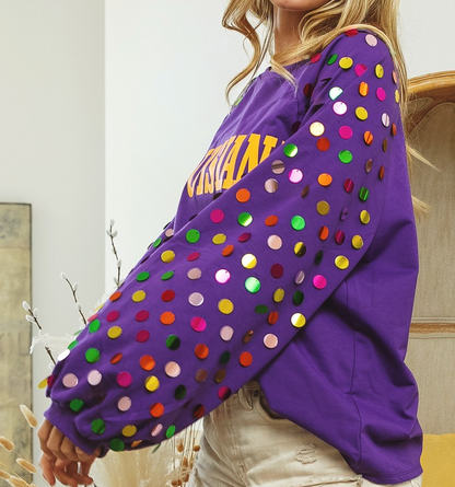 PURPLE LOUISIANA MULTI COLOR SPANGLED RAGLAN SLEEVE SWEATSHIRT