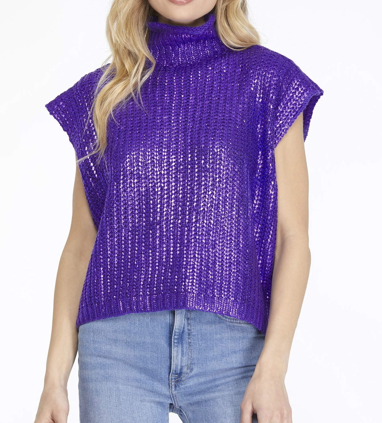 PURPLE METALLIC FOIL MOCK NECK SWEATER VEST