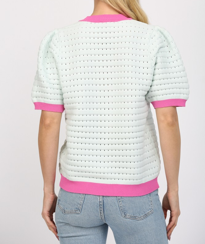 LIGHT BLUE/MAGENTA CONTRAST BAND PUFF SLEEVE SWEATER