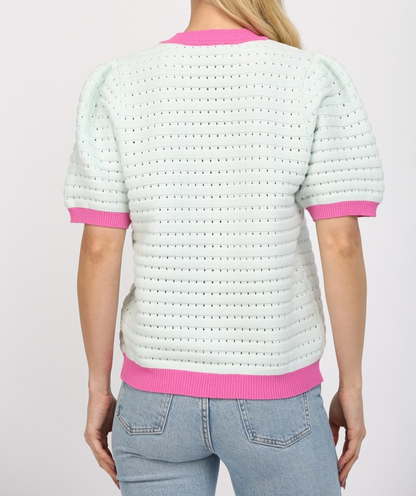 LIGHT BLUE/MAGENTA CONTRAST BAND PUFF SLEEVE SWEATER