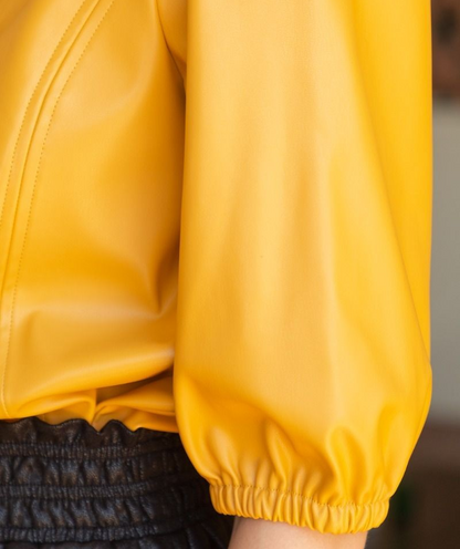 MUSTARD FAUX LEATHER RUFFLED VNECK PUFF SLEEVE TOP