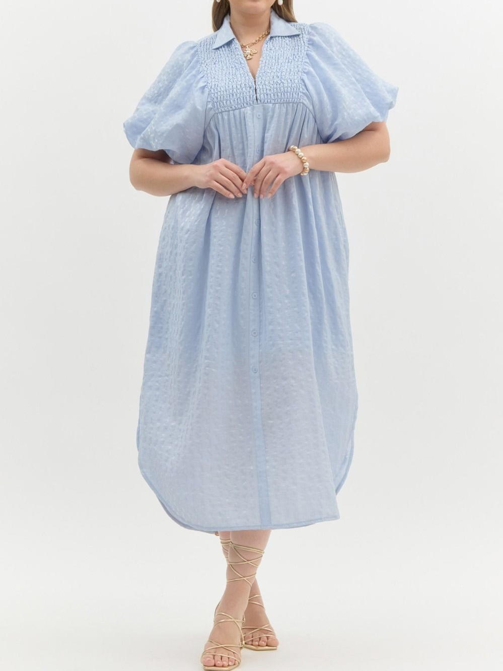 BABY BLUE TEXTURED PUFF SLEEVE MIDI DRESS