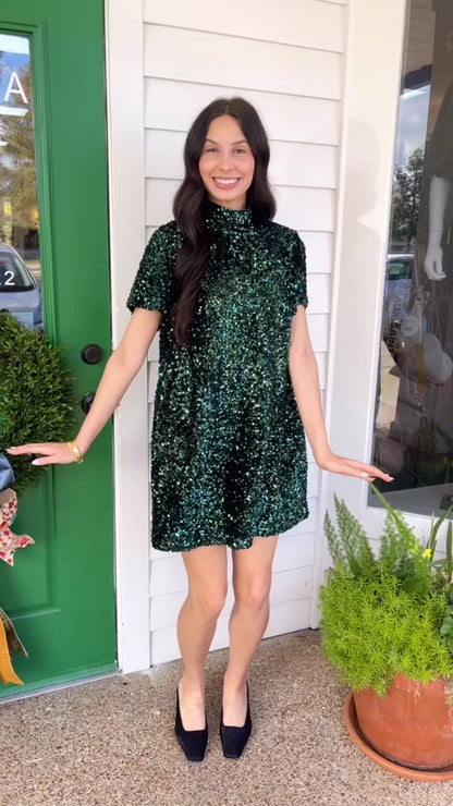 EMERALD GREEN SEQUIN MOCK NECK MINI DRESS