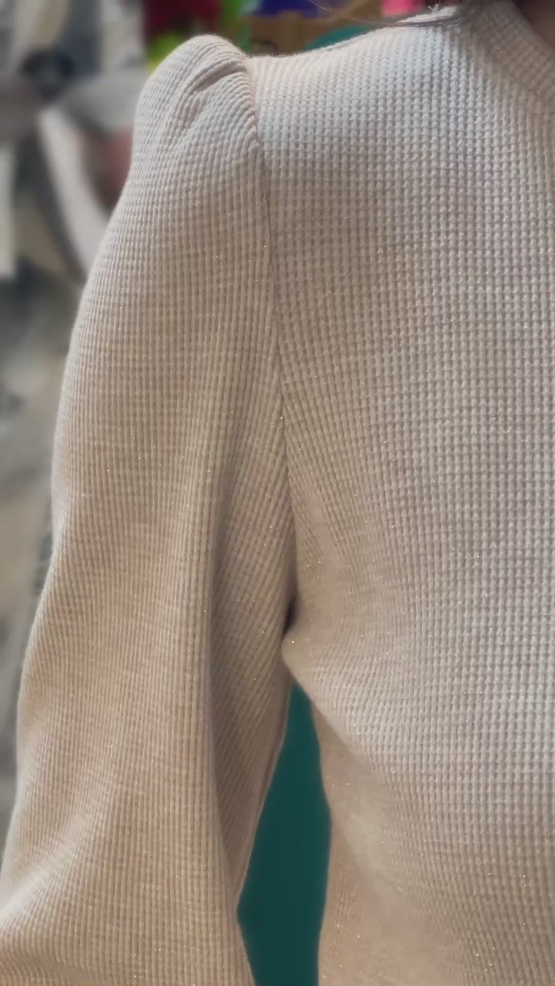 TAUPE LUREX THERMAL KNIT LONG PUFF SLEEVE TOP