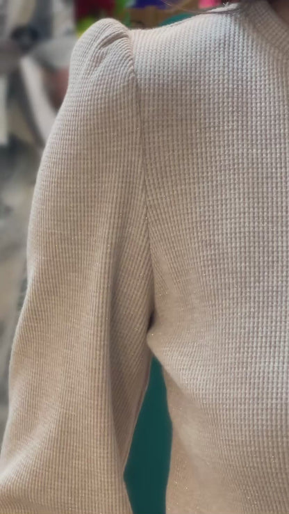 TAUPE LUREX THERMAL KNIT LONG PUFF SLEEVE TOP