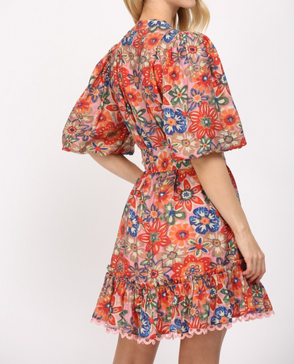 MAUVE MULTI FLORAL PRINT PUFF SLEEVE BELTED MINI DRESS