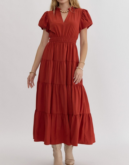 BRICK VNECK BUBBLE SLEEVE TIERED MIDI DRESS