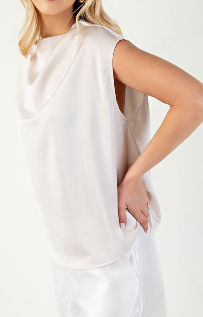 CREAM SATIN DRAPED SHORT SLEEVE BLOUSE