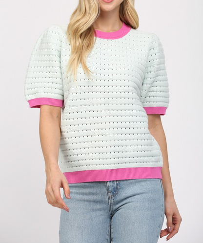 LIGHT BLUE/MAGENTA CONTRAST BAND PUFF SLEEVE SWEATER