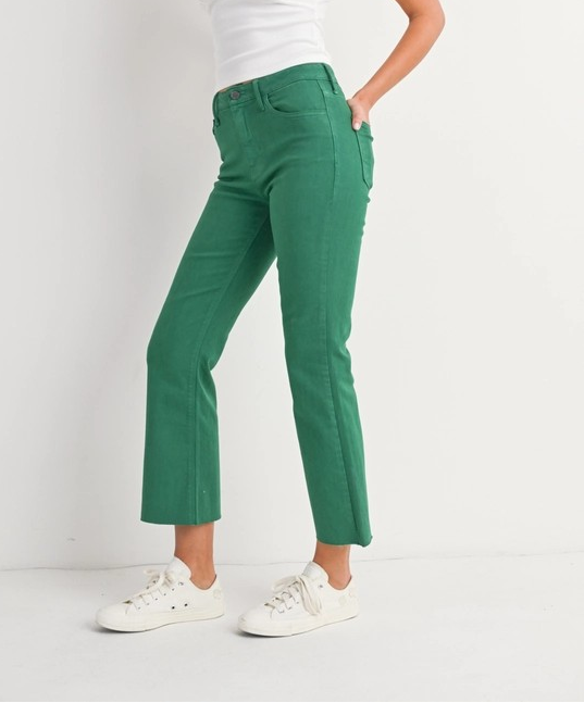 GREEN HIGH RISE TONAL CROP FLARE JEANS