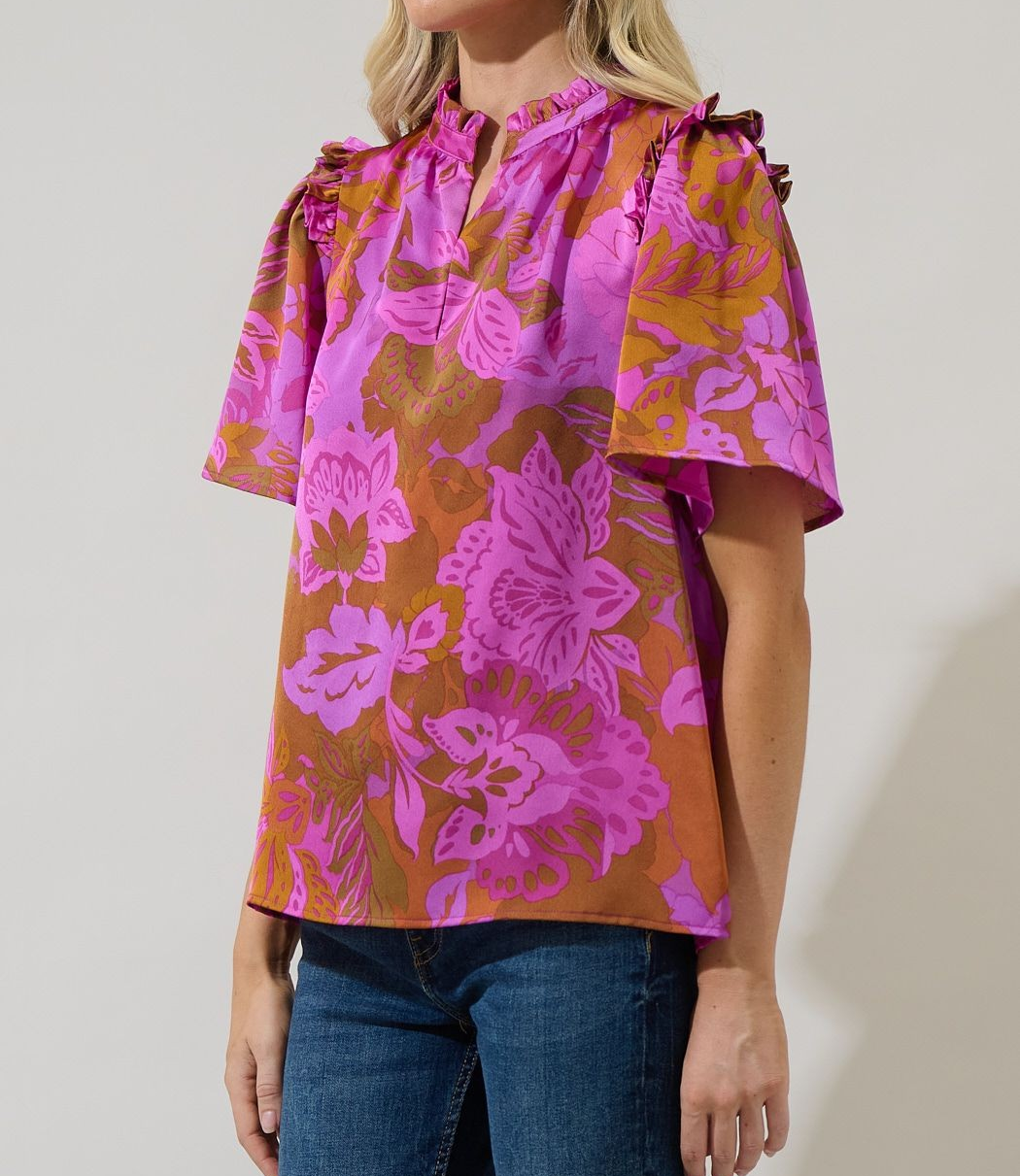 RUST/MAGENTA FLORAL SPLIT NECK SATIN TOP