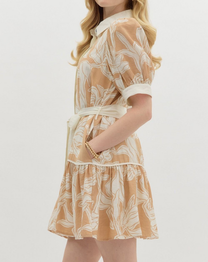 TAUPE FLORAL PUFF SLEEVE BUTTON DOWN RUFFLE HEM BELTED MINI DRESS