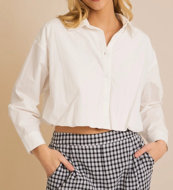 WHITE LONG SLEEVE BUBBLE HEM POPLIN SHIRT
