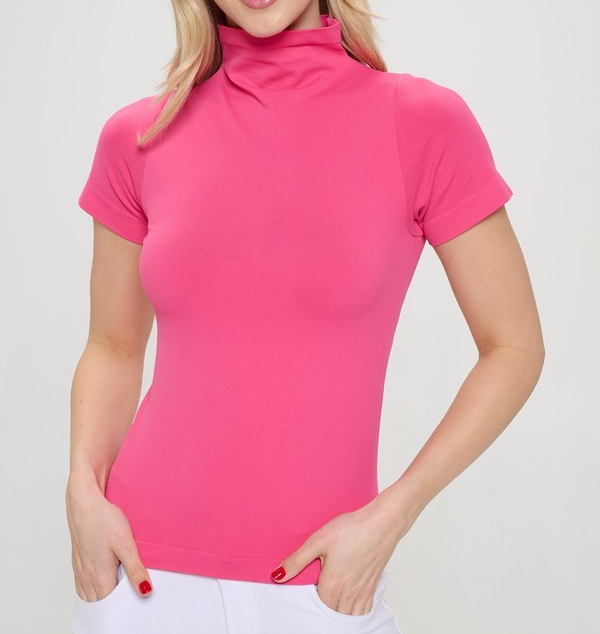 FUSCHIA MOCK NECK SEAMLESS SHORT SLEEVE TOP