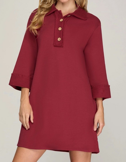 WINE 3/4 SLEEVE COLLARED KNIT DRESS