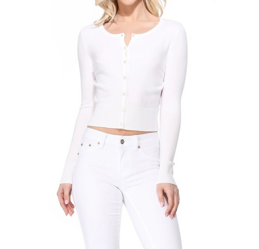 WHITE LONG SLEEVE CREWNECK CROPPED CARDIGAN SWEATER