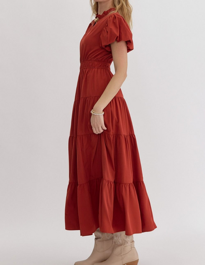 BRICK VNECK BUBBLE SLEEVE TIERED MIDI DRESS